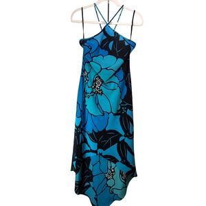 Vintage Express Blue Floral Halter Dress High Low Midi Y2K 90s Slip